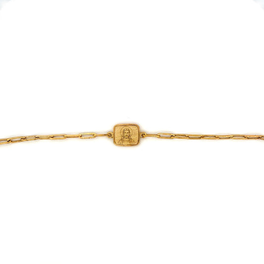 Pulsera escapulario Mater y Sagrado corazón de Jesús con cadena paper clip de plata con baño de oro amarillo