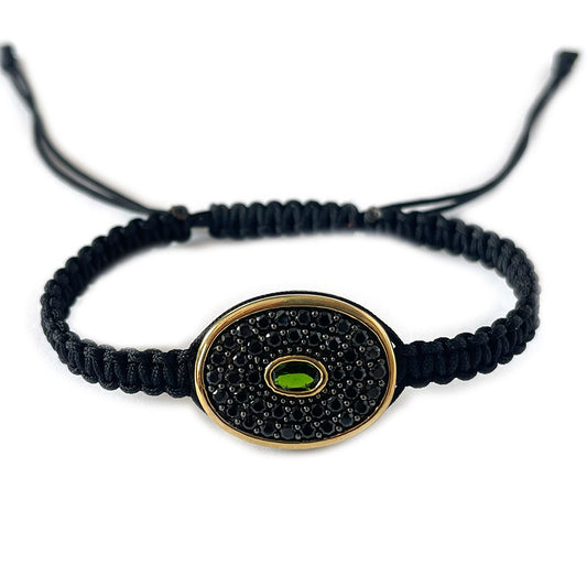 Pulsera de plata con baño de oro con diópsido de cromo y espineles negros y cordón