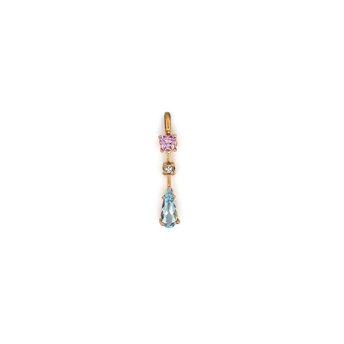 Dije en oro amarillo 14k con zafiro rosa, diamante de laboratorio princesa y aguamarina pera