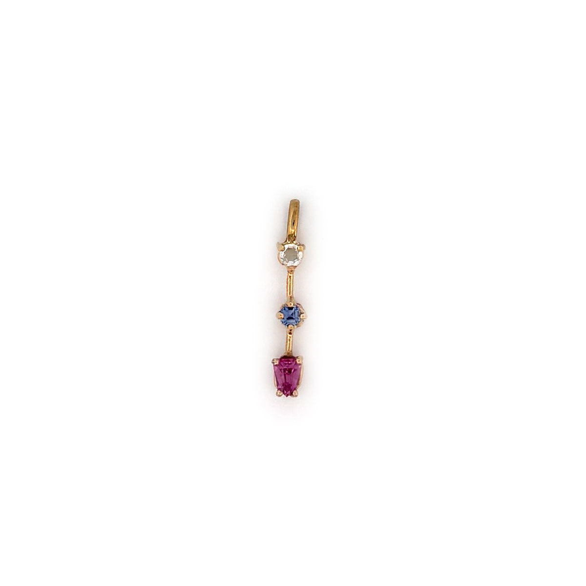 Dije en oro amarillo 14k con zafiro rosa, azul y piedra de la luna