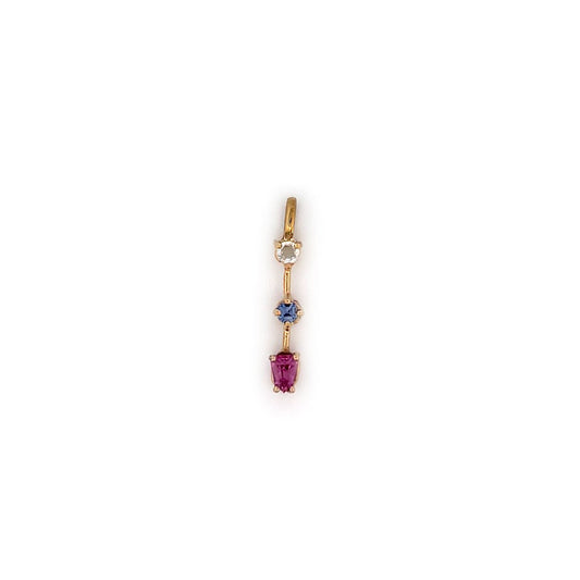 Dije en oro amarillo 14k con zafiro rosa, azul y piedra de la luna