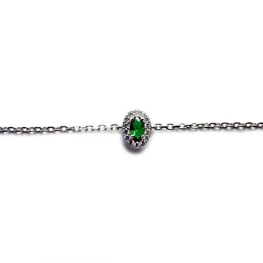 Pulsera de plata con circonita verde ovalada y halo de circonitas blancas