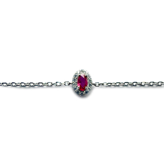 Pulsera de plata con circonita roja ovalada y halo de circonitas blancas