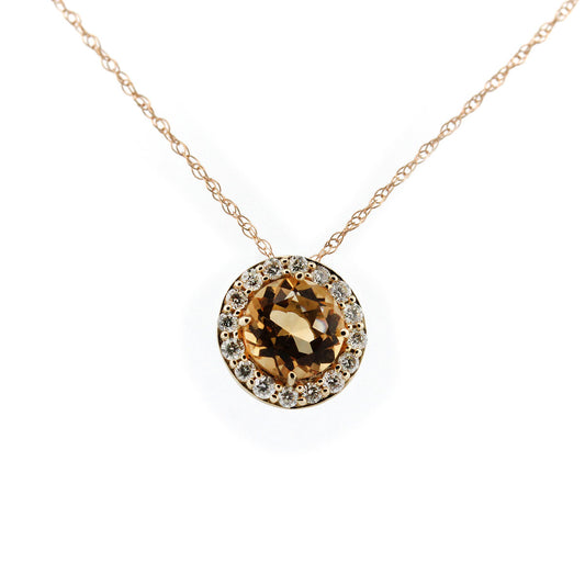 Collar en oro amarillo 10K con citrino redondo y halo de Diamantes 0.20ctw