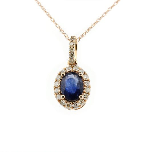 Collar en oro amarillo 10K con dije de zafiro ovalado con halo y pasa cadenas de diamantes 0.30ctw