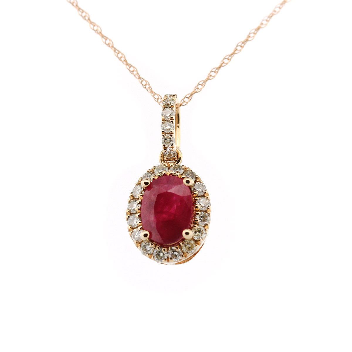 Collar en oro amarillo 10K con dije de rubí ovalado con halo y pasa cadenas de diamantes 0.30ctw