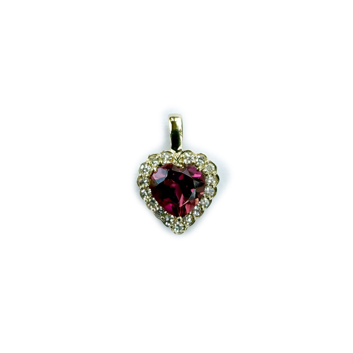 Dije de corazón de granate Rodolita con halo de diamantes 0.07ctw en oro 10K