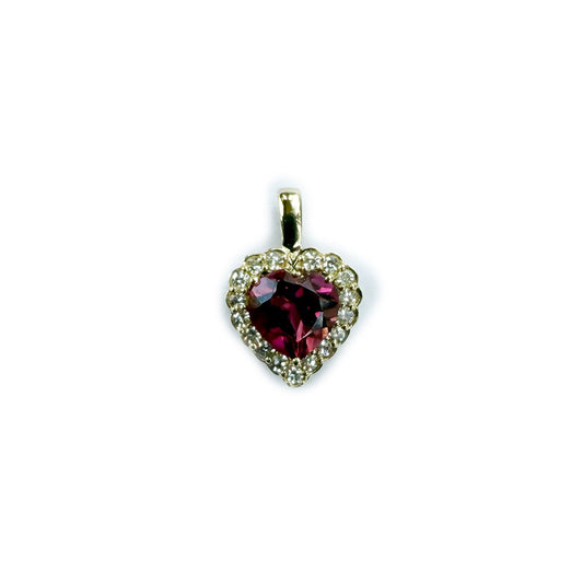 Dije de corazón de granate Rodolita con halo de diamantes 0.07ctw en oro 10K