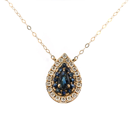 Collar en oro amarillo 14K con zafiro corte pera y halo de zafiros 0.50ctw y diamantes 0.17ctw