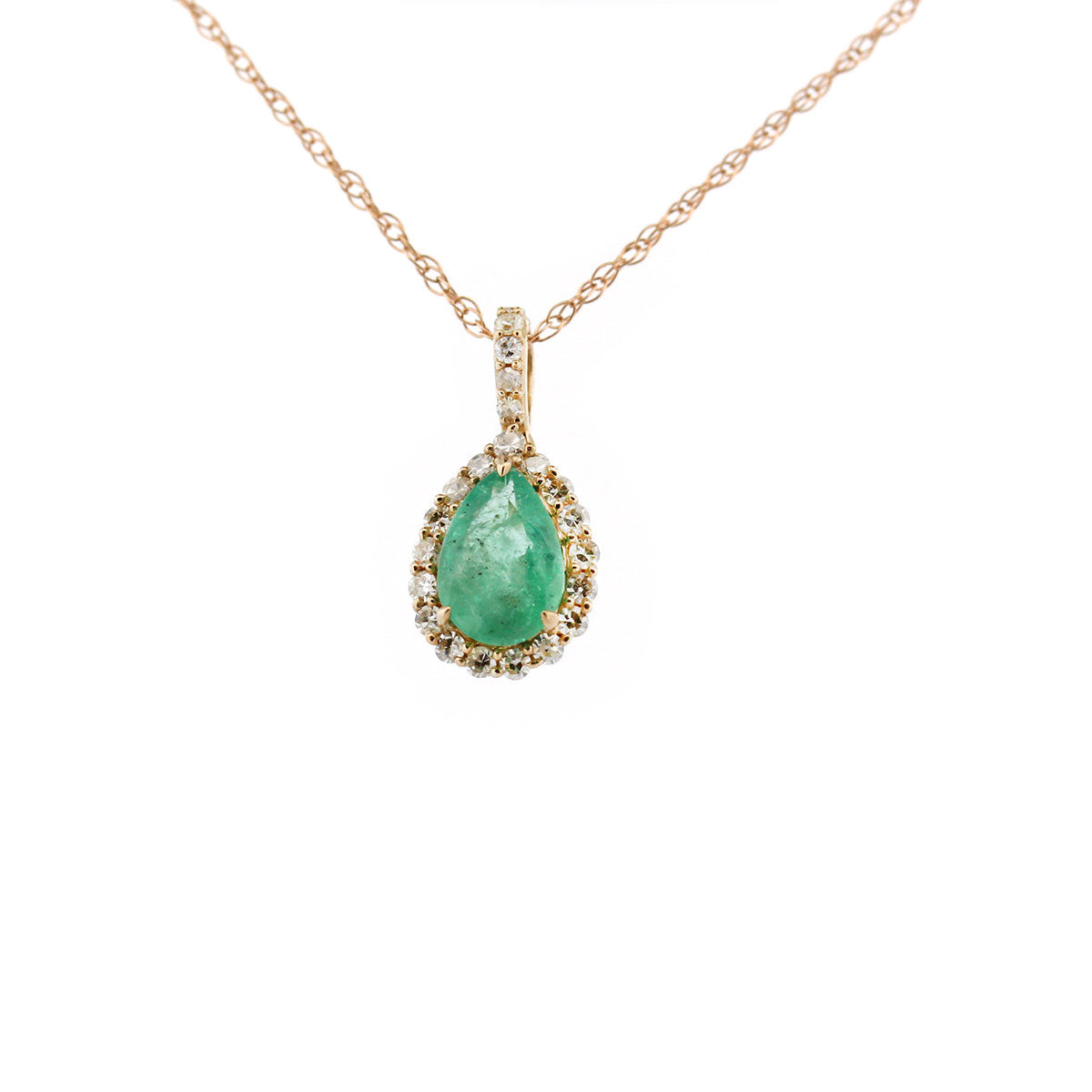 Collar en oro amarillo 10k con esmeralda corte pera 0.50ct con pasacadena y halo de diamantes 0.13ctw