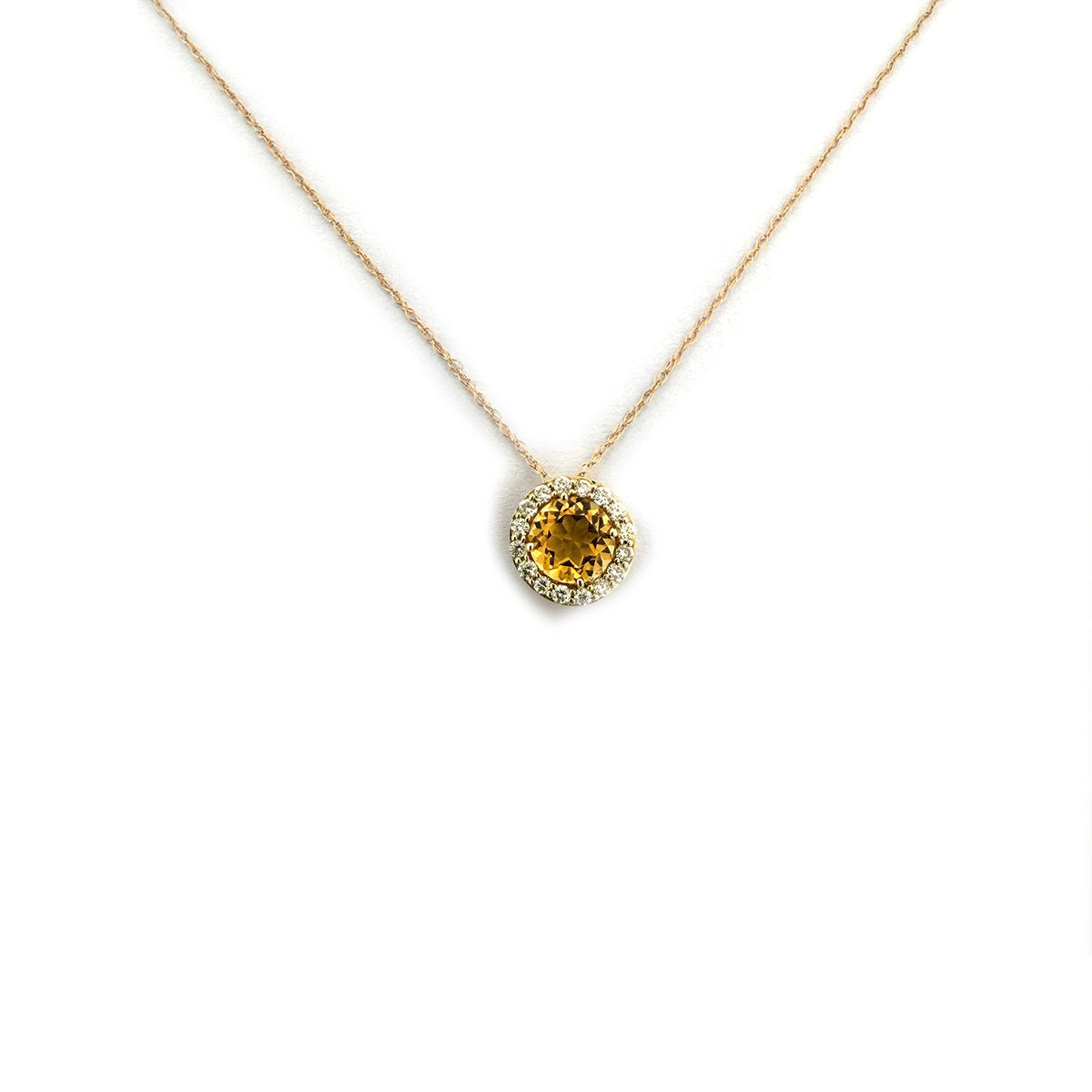 Collar en oro amarillo 10K con citrino redondo y halo de Diamantes 0.20ctw