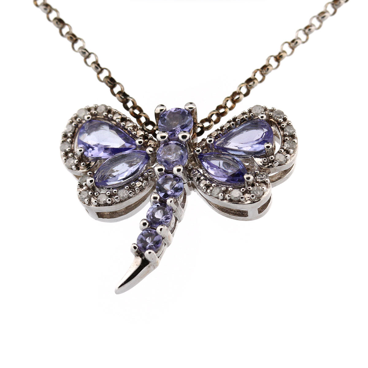 Collar de plata con dije de libélula de tanzanitas y diamantes