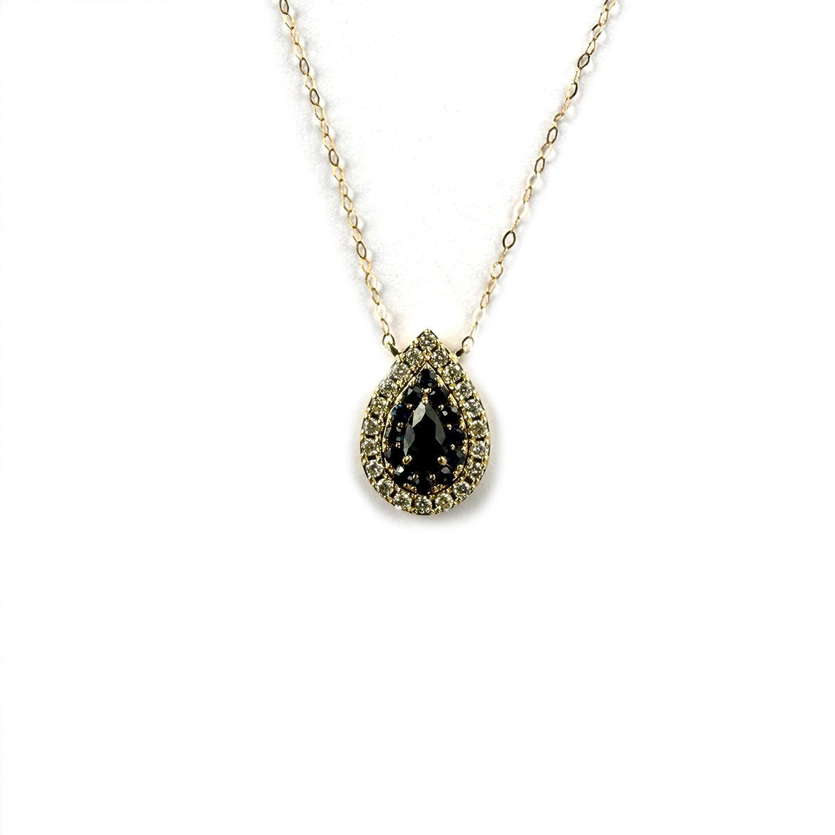 Collar en oro amarillo 14K con zafiro corte pera y halo de zafiros 0.50ctw y diamantes 0.17ctw