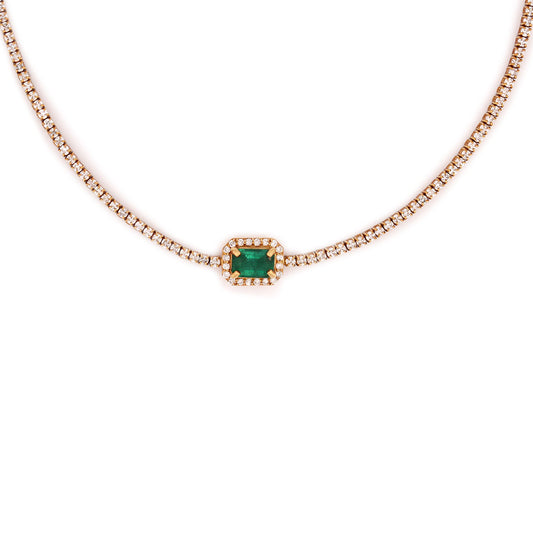 Choker tenis de oro amarillo de 18K con diamantes 2.48ctw y esmeralda 0.53ct