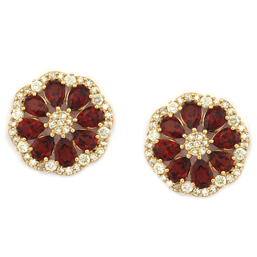 Aretes flor de granate y diamantes 0.75ctw  en oro amarillo 10k
