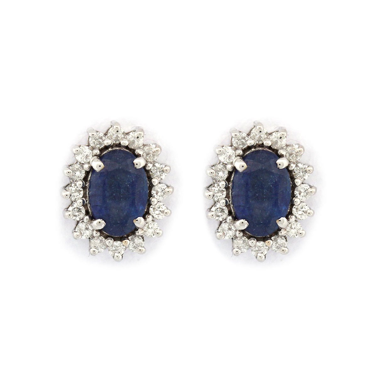 Aretes de oro blanco 14k con zafiros ovalados 1.25ctw y halo de diamantes 0.23ctw