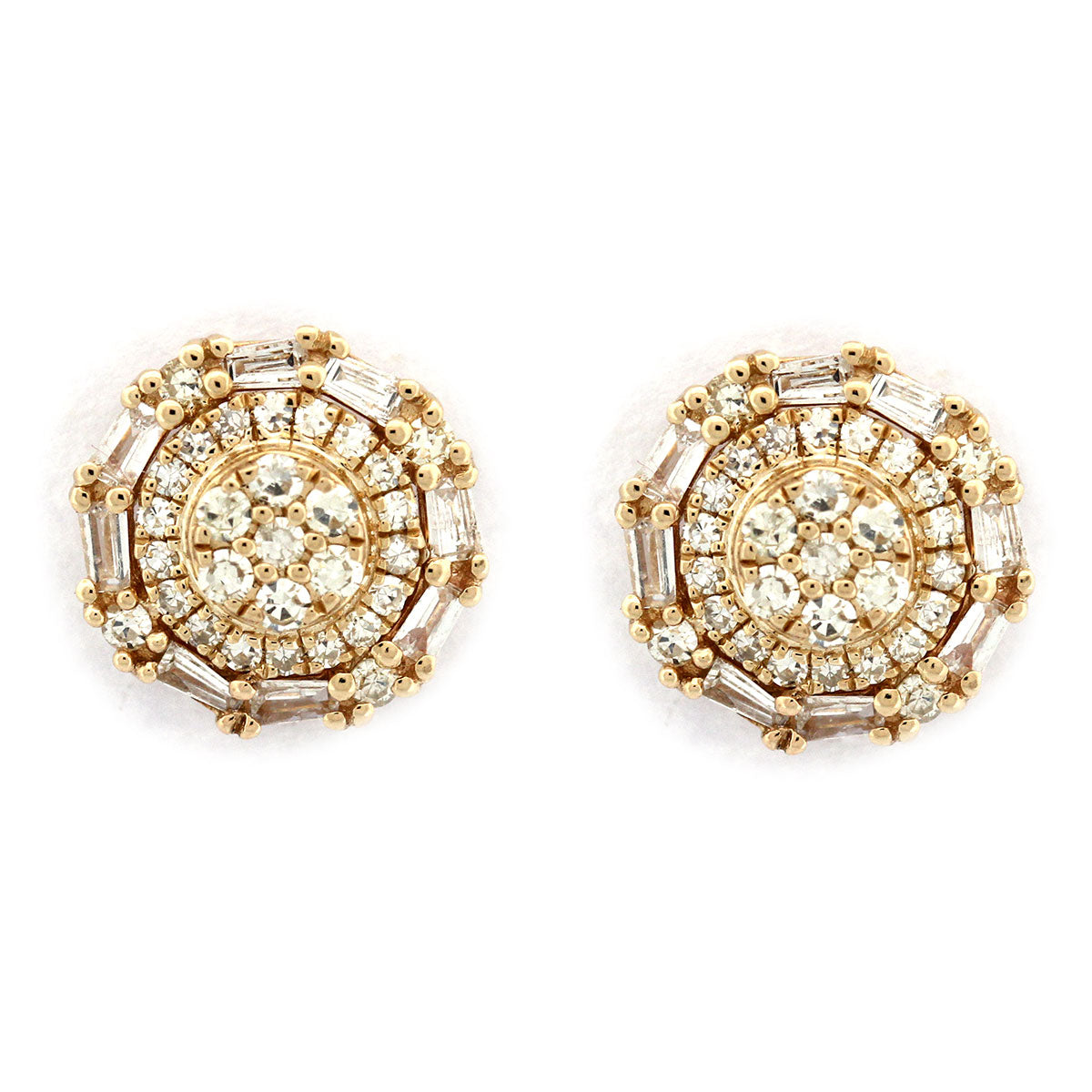 Aretes en oro amarillo 10K con diamantes redondos y corte baguette 0.45ctw con tope rosca