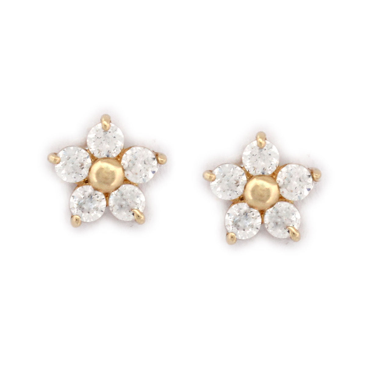 Aretes flor con cinco pétalos de circones blancos en oro amarillo 14K con tope rosca
