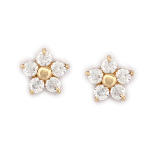 Aretes flor con cinco pétalos de circones blancos en oro amarillo 14K con tope rosca