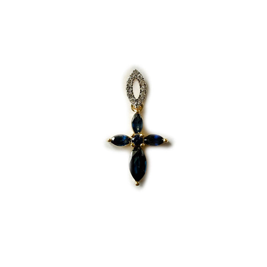 Dije en forma de cruz de zafiros en oro amarillo 10K y diamantes 0.05ctw