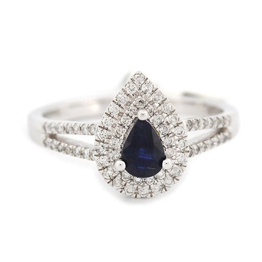 Anillo en oro blanco 14K con zafiro corte pera 0.5ct y diamantes 0.33ctw
