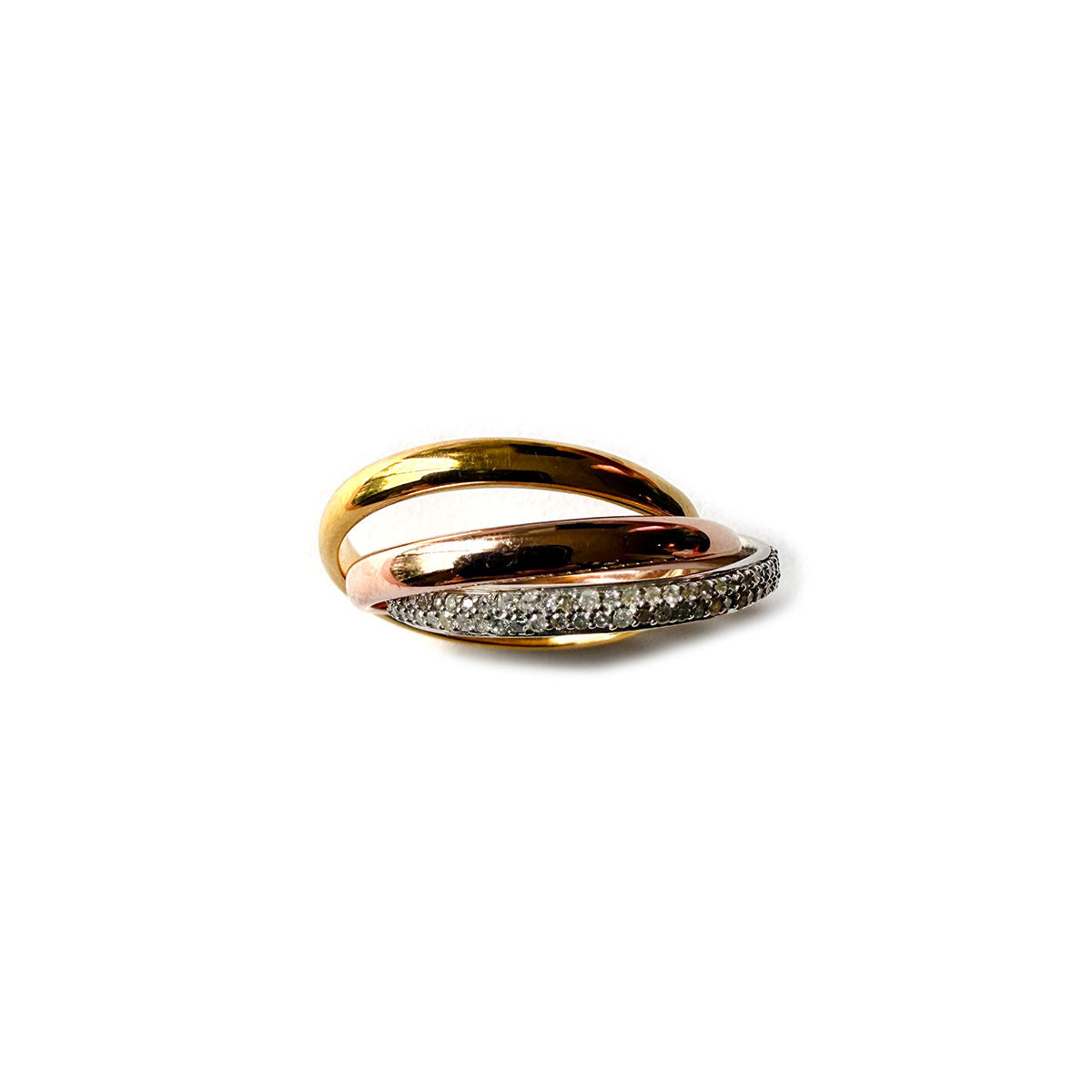Anillo de 3 aros de plata con baño de oro rosa, amarillo y diamantes 0.40ctw