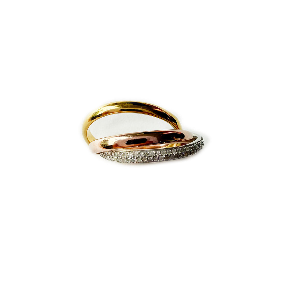 Anillo de 3 aros de plata con baño de oro rosa, amarillo y diamantes 0.40ctw