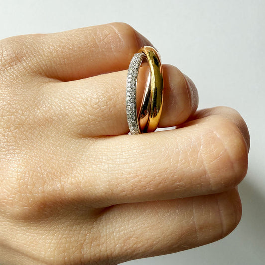 Anillo de 3 aros de plata con baño de oro rosa, amarillo y diamantes 0.40ctw