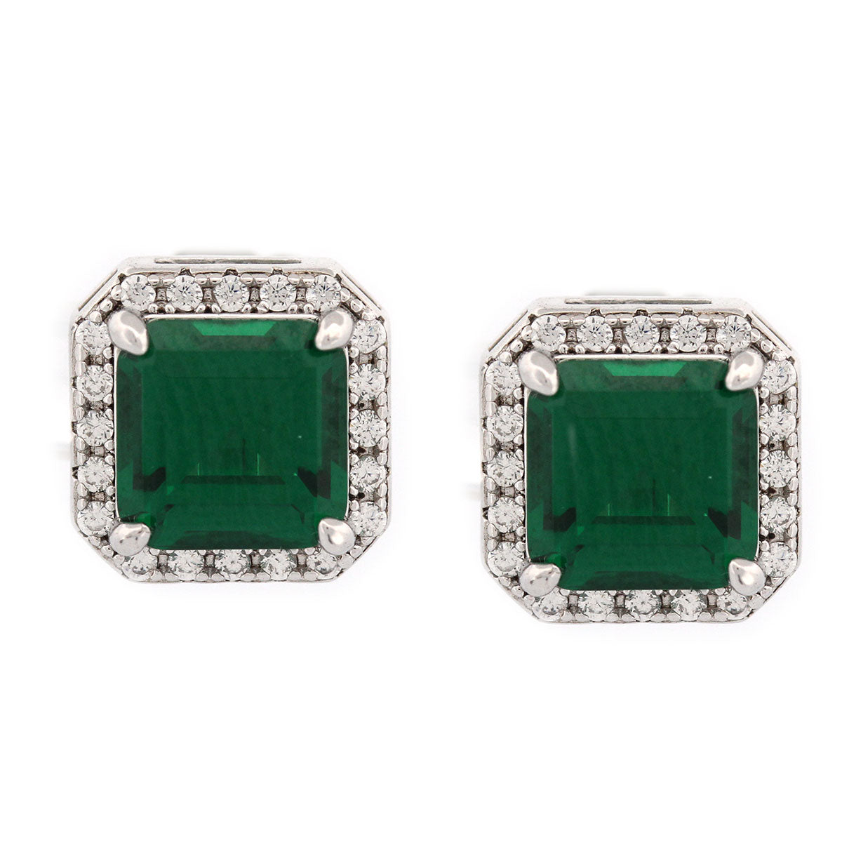 Aretes de plata con circonita cuadrada verde y halo de circonitas blancas