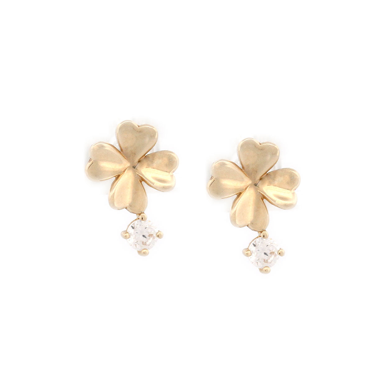 Aretes trébol con circonita redonda abajo en en oro amarillo 14K con tope rosca
