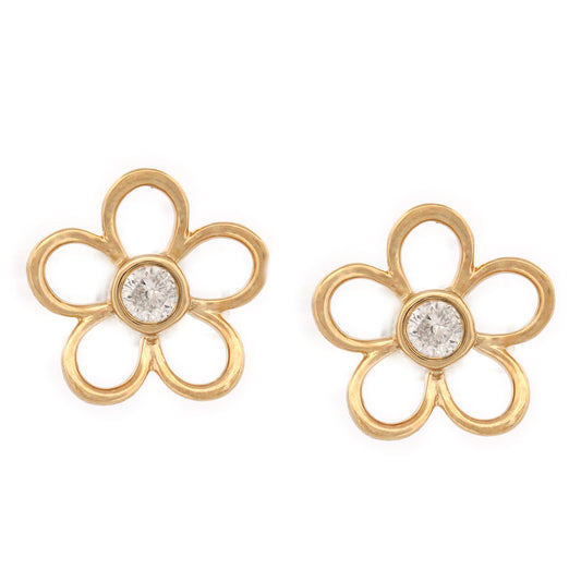 Aretes de flor delineada con diamante central 0.20ctw en plata con baño de oro