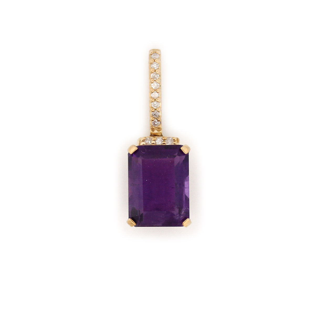 Dije de oro amarillo 10k con amatista rectangular y diamantes
