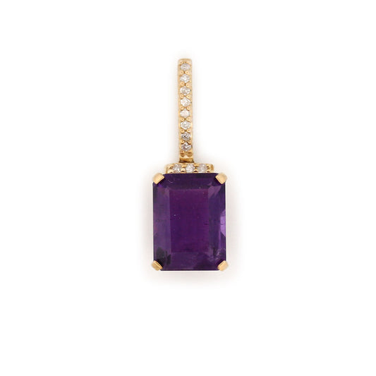 Dije de oro amarillo 10k con amatista rectangular y diamantes