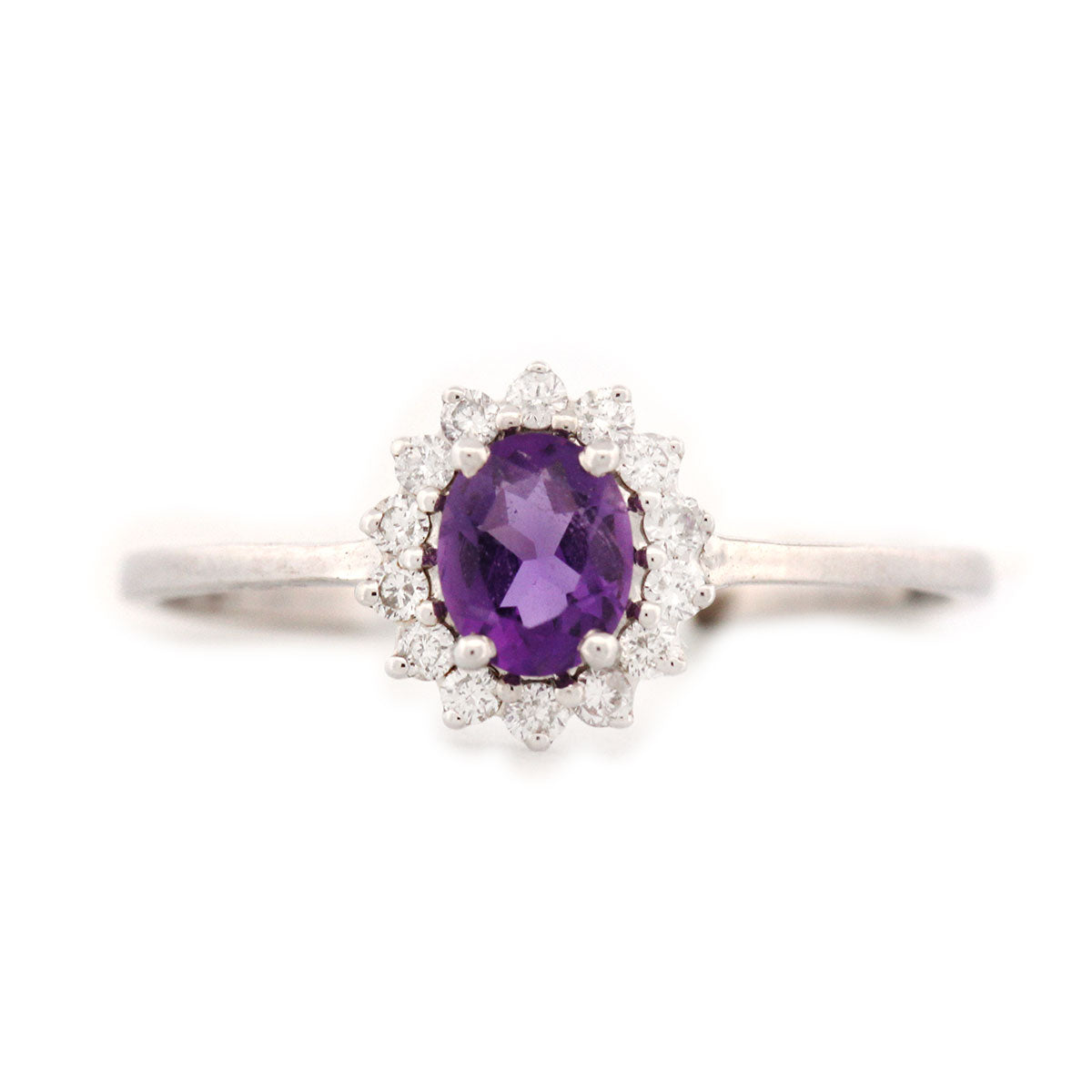 Anillo en oro blanco 10k con amatista y halo de diamantes 0.11 ctw