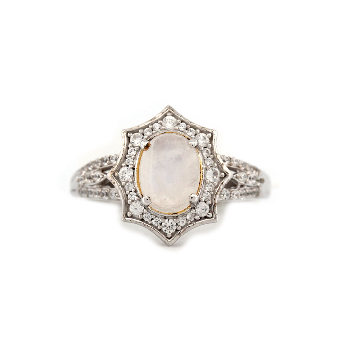 Anillo de plata con piedra de la luna y circones blancos