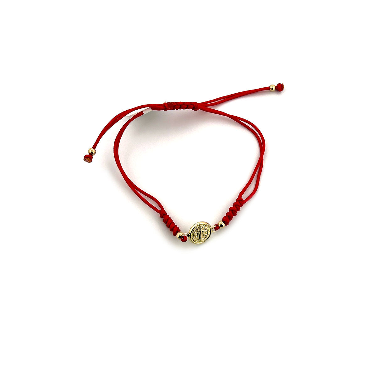 Pulsera de cordón rojo con medalla de San Benito pequeña en oro amarillo 14K