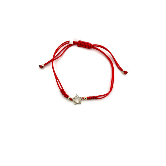 Pulsera de cordón rojo con estrella delineada grande de circonitas en oro amarillo 14K