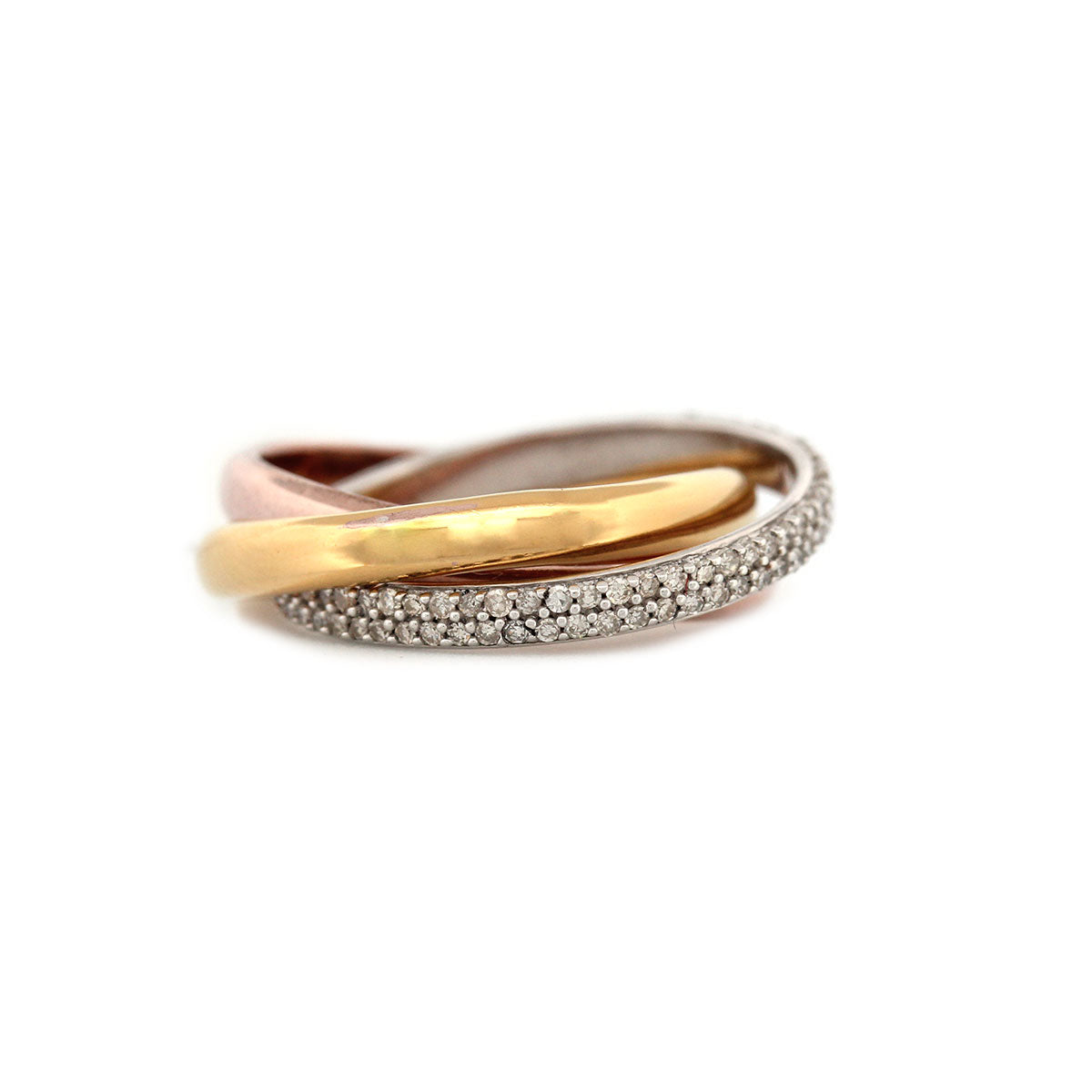 Anillo de 3 aros de plata con baño de oro rosa, amarillo y diamantes 0.40ctw