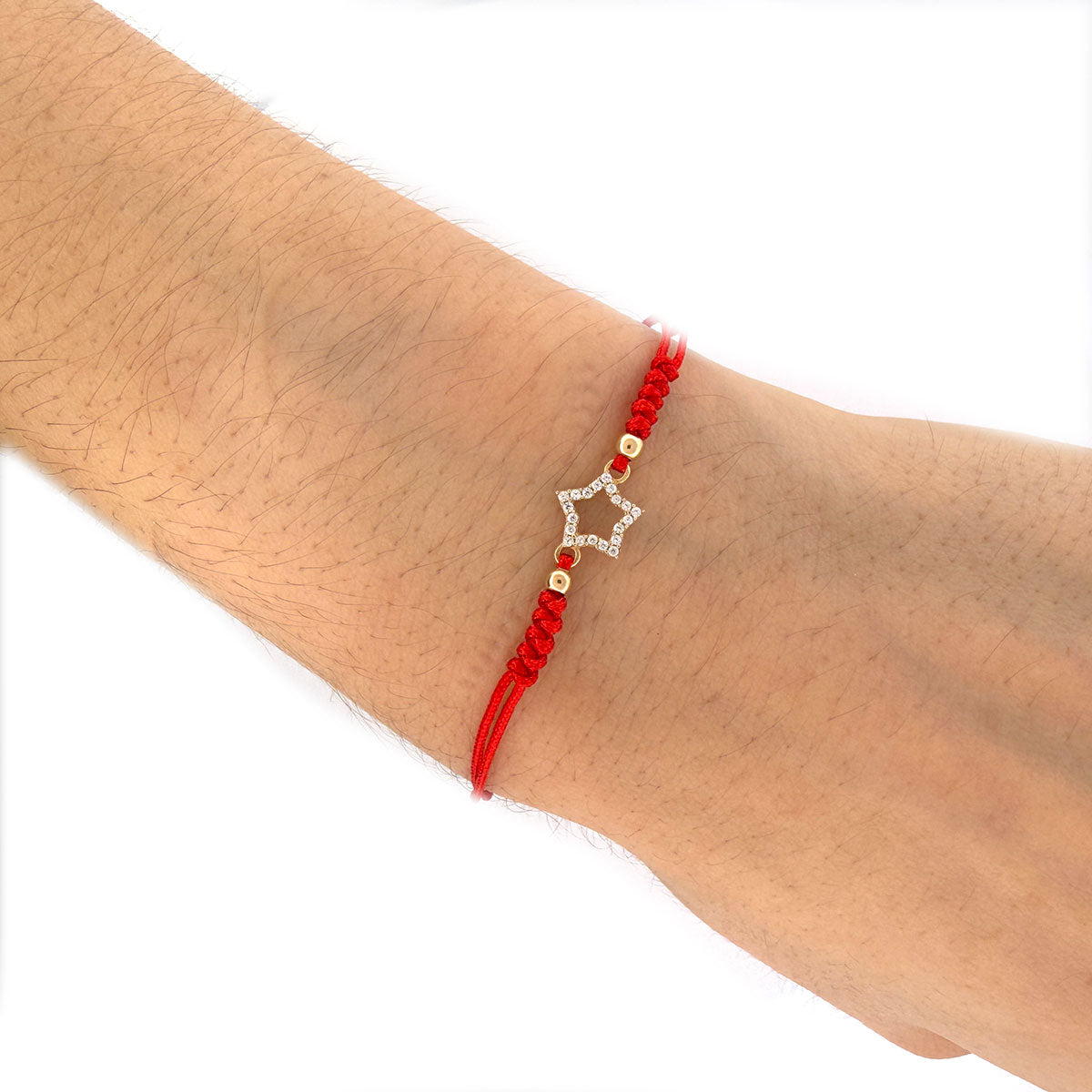 Pulsera de cordón rojo con estrella delineada grande de circonitas en oro amarillo 14K