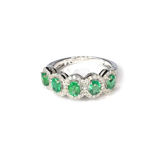 Anillo en oro blanco 14K con esmeraldas ovaladas y diamantes 0.33ctw