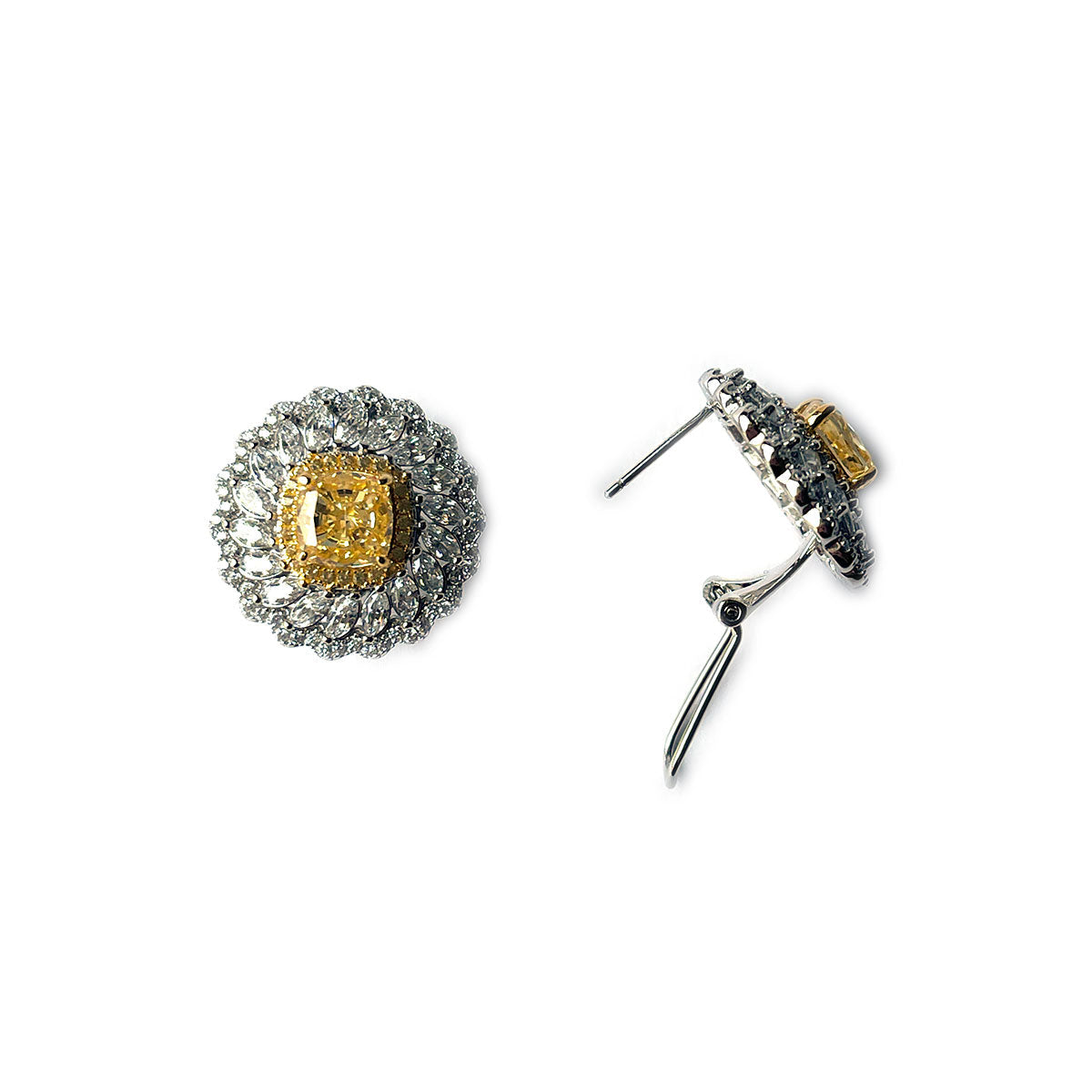 Aretes girasol con circones blancos y amarillos en plata con baño de platino