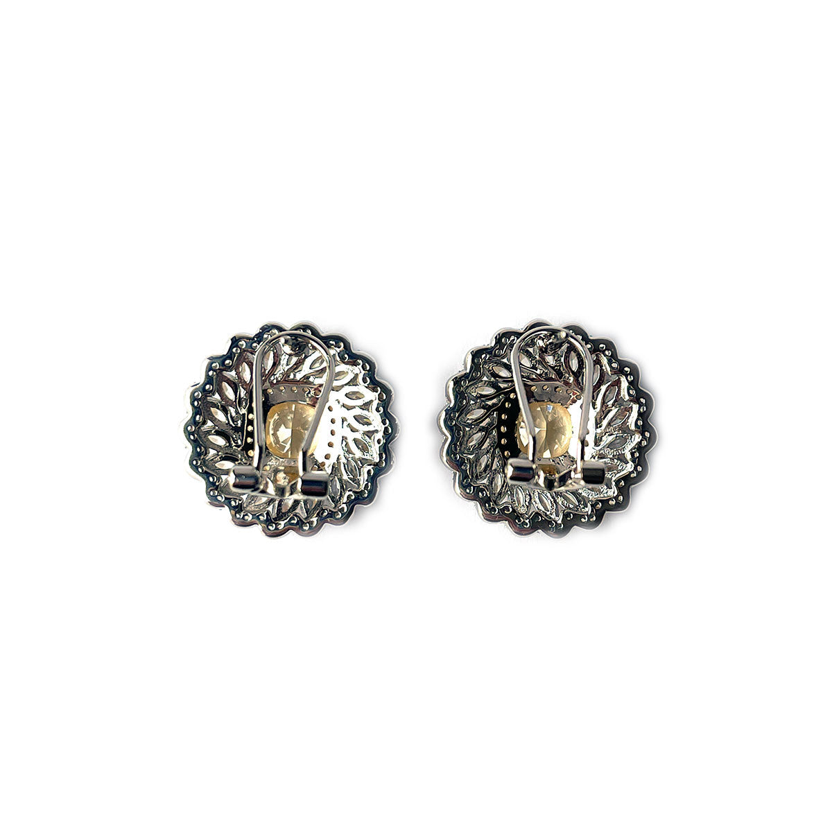 Aretes girasol con circones blancos y amarillos en plata con baño de platino