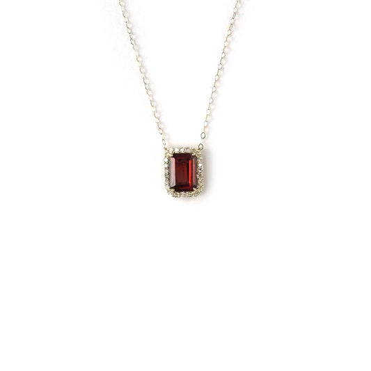 Collar en oro amarillo 10K con granate y halo de diamantes 0.11ctw