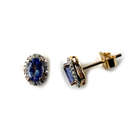 Aretes en oro amarillo 10k con zafiros ovalados y halo de diamantes 0.15ctw