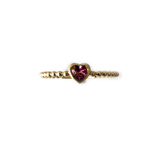 Anillo en oro amarillo 14k con aro de bolitas y turmalina rosa corazón 0.16ct