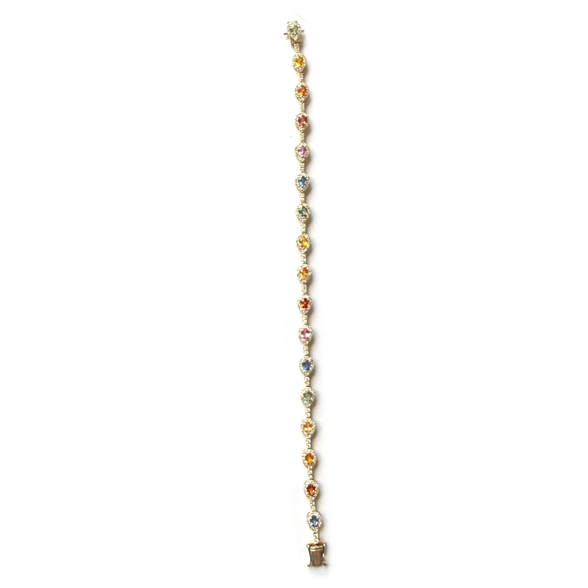Pulsera en oro amarillo 10k con zafiros arcoíris corte pera 5ctw y diamantes 0.75ctw