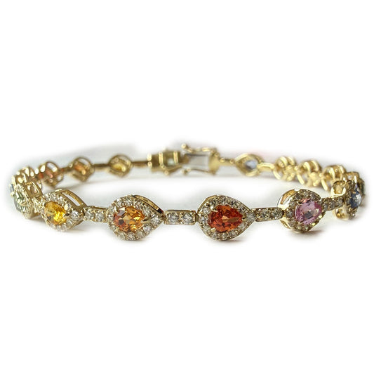 Pulsera en oro amarillo 10k con zafiros arcoíris corte pera 5ctw y diamantes 0.75ctw