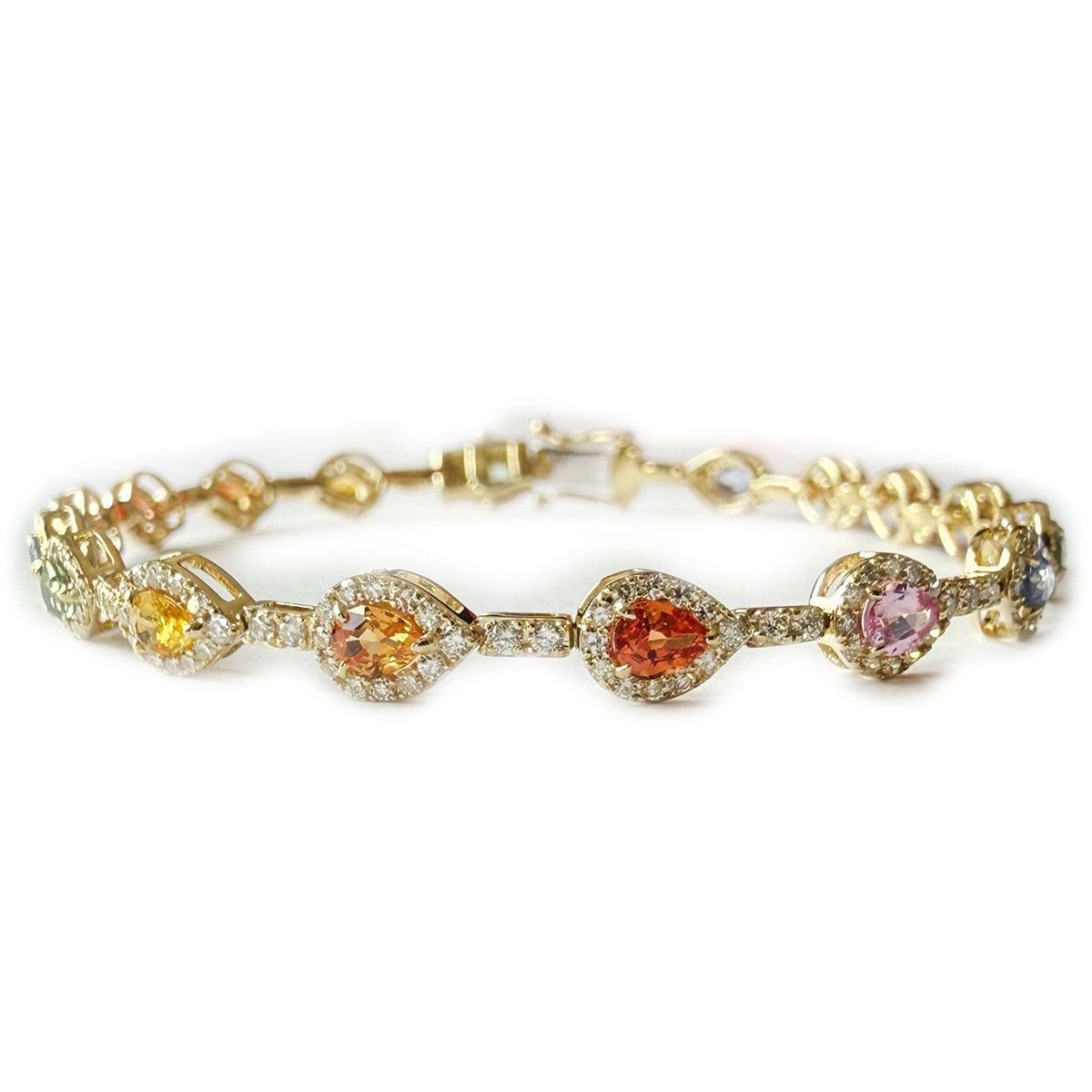 Pulsera en oro amarillo 10k con zafiros arcoíris corte pera 5ctw y diamantes 0.75ctw