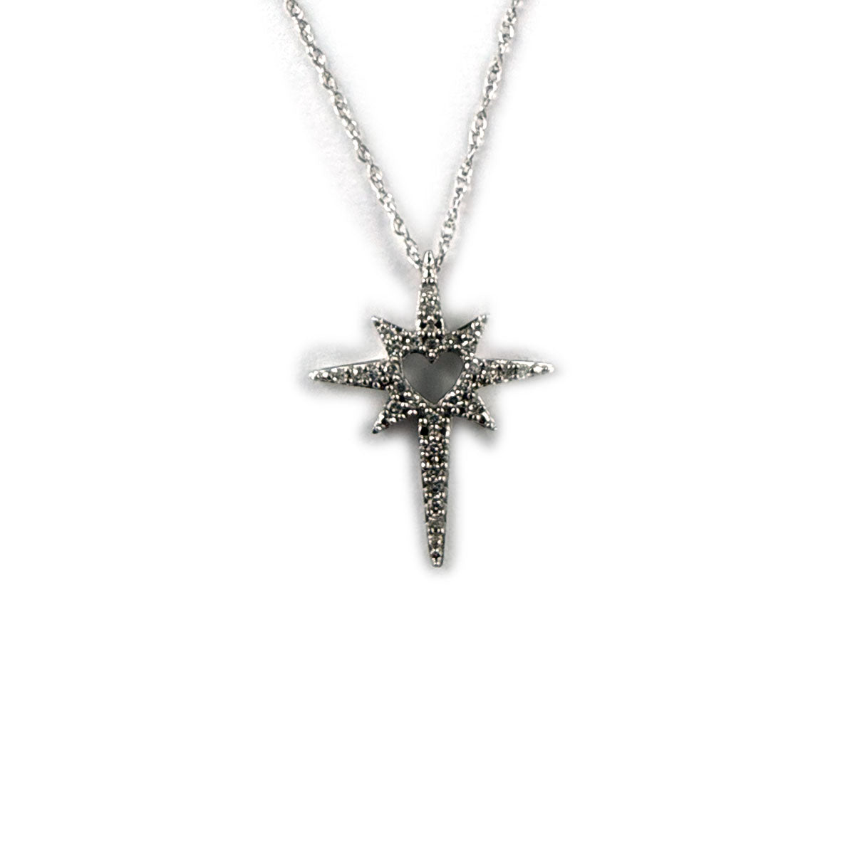 Collar en oro blanco 10K con dije de estrella polar de diamantes 0.10 ctw con corazón calado