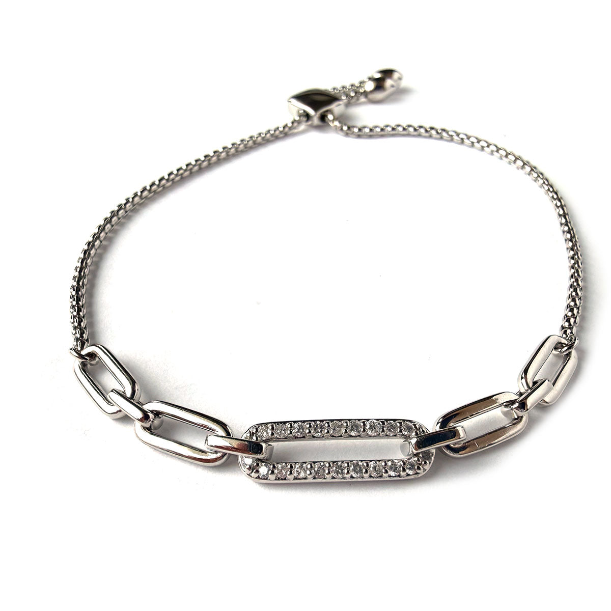 Pulsera de plata tipo bolo con cadena paper clip y diamantes 0.25ctw